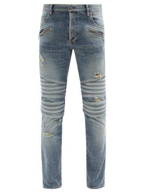 Matchesfashion.com Balmain - B-logo Ribbed Distressed Skinny Jeans - Mens - Blue