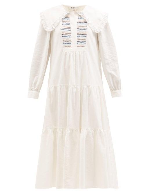 Sea - Luna Ruffled-collar Smocked Linen-blend Dress - Womens - Ivory