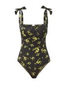 Matchesfashion.com Ganni - Bow-strap Floral-print Swimsuit - Womens - Black Multi