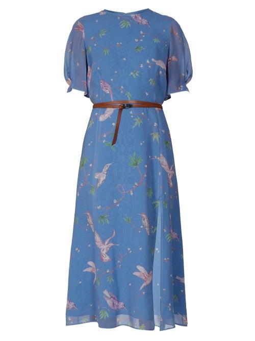 Matchesfashion.com Altuzarra - Gormann Bird Print Silk Chiffon Midi Dress - Womens - Light Blue