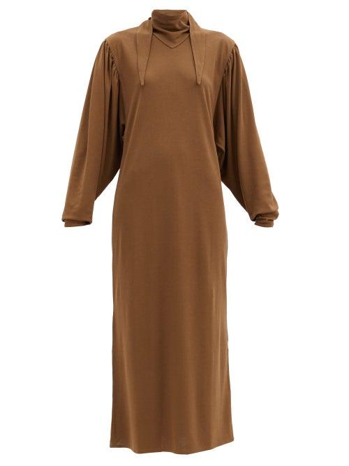 Matchesfashion.com Lemaire - Scarf-neck Cotton Midi Dress - Womens - Brown