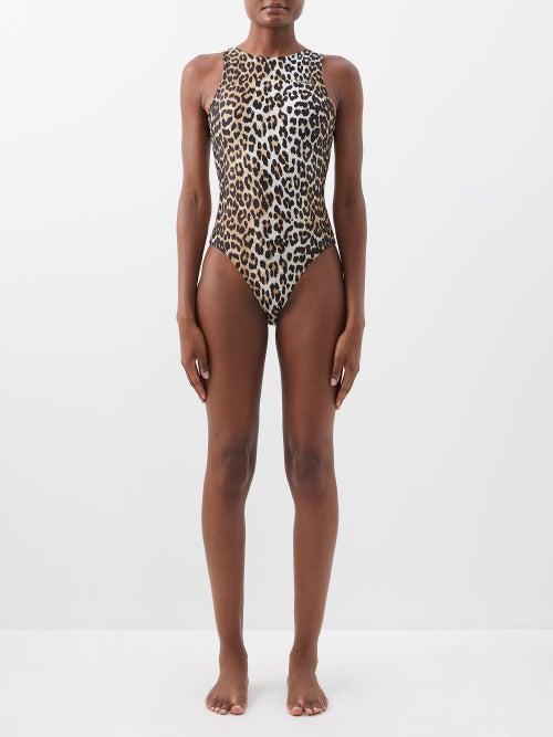 Ganni - Leopard-print Recycled-jersey Swimsuit - Womens - Leopard