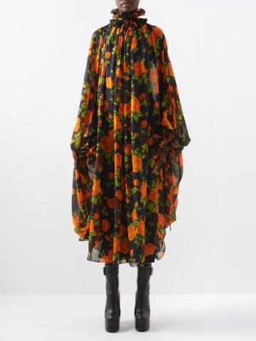 Richard Quinn - Gathered-cuff Rose-print Silk-chiffon Gown - Womens - Orange Print