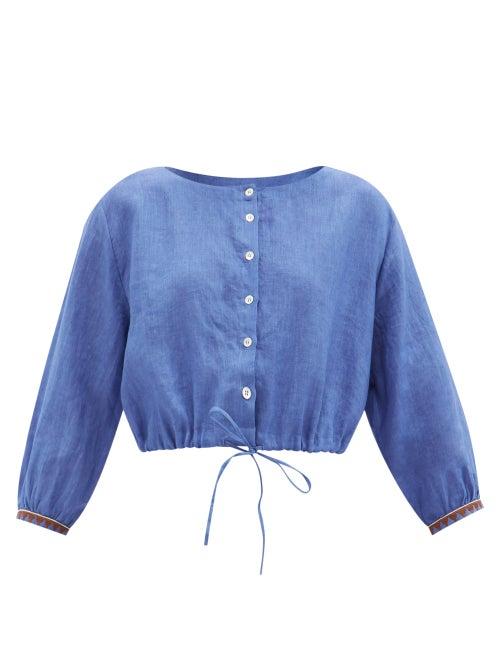 Emporio Sirenuse - New Jinny Hand-embroidered Linen Cropped Top - Womens - Blue