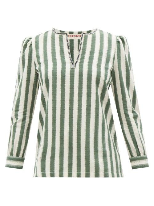 Emporio Sirenuse - Kate Cropped-sleeve Striped Cotton Top - Womens - Green Stripe