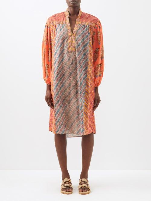 Boteh - Wave Patchworked Organic-cotton Midi Dress - Womens - Red Multi