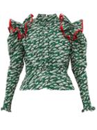 Matchesfashion.com Matty Bovan - Ruffled Fish Print Blouse - Womens - Green