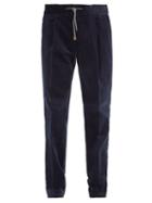 Matchesfashion.com Brunello Cucinelli - Leather-trimmed Drawcord Cotton-corduroy Trousers - Mens - Navy