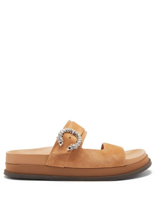 Ladies Shoes Jimmy Choo - Marga Crystal-buckle Suede Slides - Womens - Beige