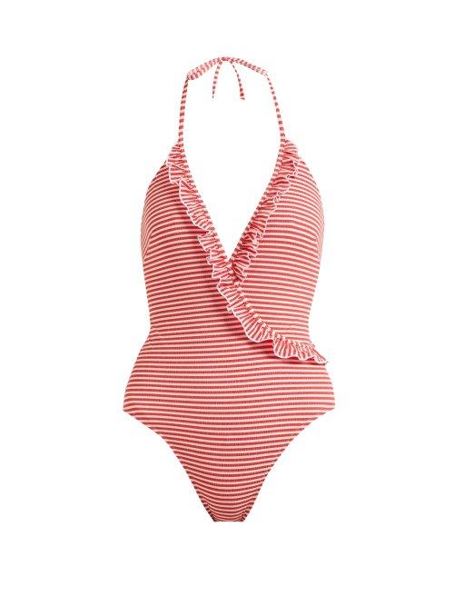 Matchesfashion.com Solid & Striped - The Nadine Ruffle Detail Halterneck Swimsuit - Womens - Red Stripe