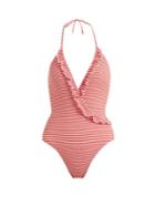 Matchesfashion.com Solid & Striped - The Nadine Ruffle Detail Halterneck Swimsuit - Womens - Red Stripe