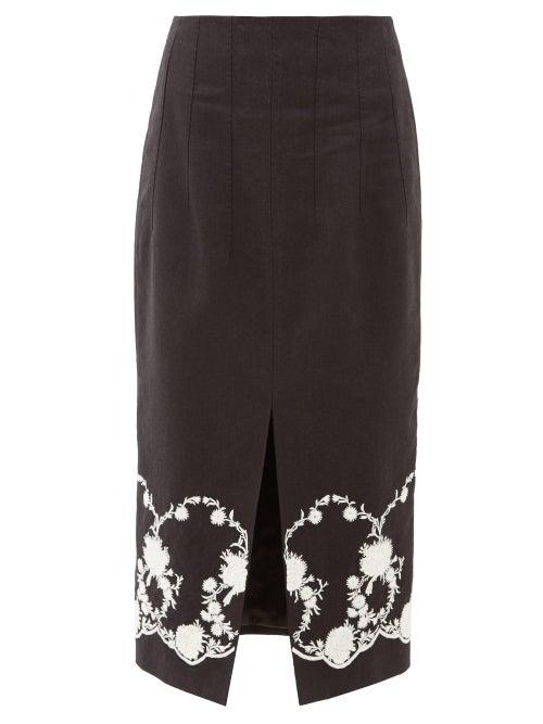Matchesfashion.com Brock Collection - Floral-embroidered Twill Midi Skirt - Womens - Black