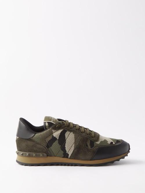 Valentino Garavani - Rockrunner Suede And Mesh Trainers - Mens - Dark Green