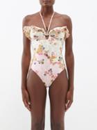 Zimmermann - Laurel Ruffled Floral-print Swimsuit - Womens - Pink Multi