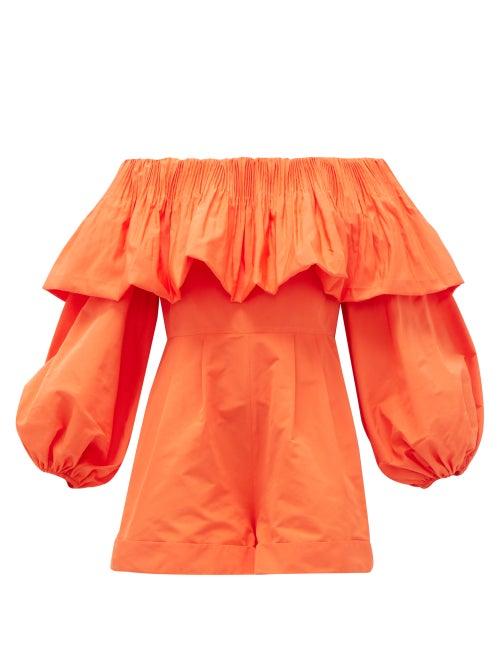 Matchesfashion.com Valentino - Off-the-shoulder Balloon-sleeve Faille Playsuit - Womens - Orange