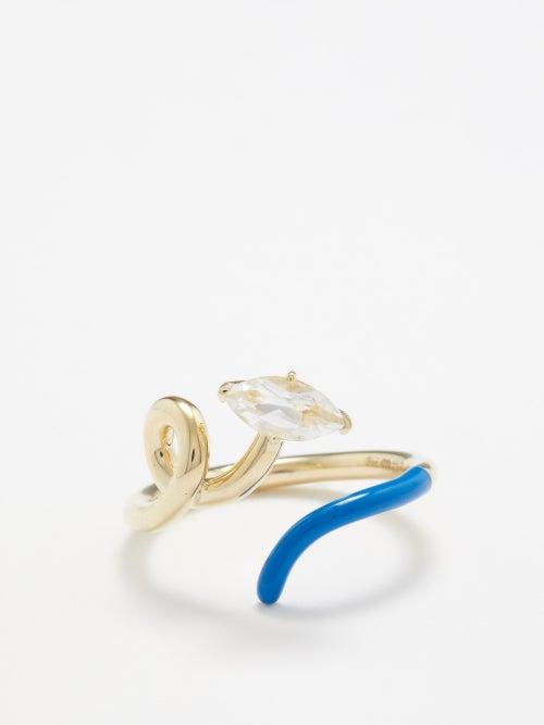 Bea Bongiasca - Baby Half Rock Crystal, 9kt Gold & Enamel Ring - Womens - Blue Gold