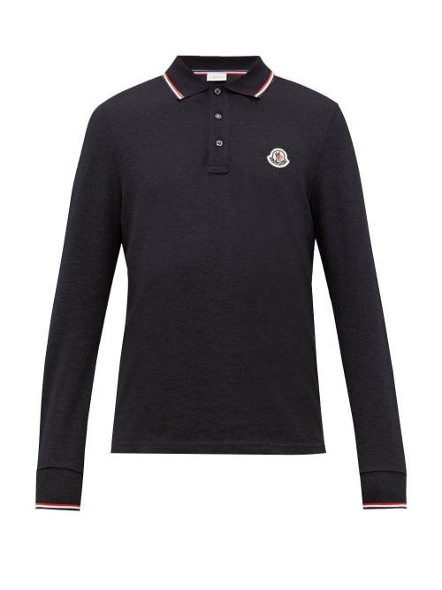 Matchesfashion.com Moncler - Logo Appliqu Cotton Piqu Long Sleeve Polo Shirt - Mens - Navy