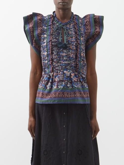 Sea - Noah Pintucked Floral-print Cotton Top - Womens - Navy