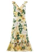 Matchesfashion.com Dolce & Gabbana - Camellia-print Ruffled Silk-blend Midi Dress - Womens - Yellow Multi