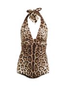 Matchesfashion.com Dolce & Gabbana - Leopard Print Ruched Side Halterneck Swimsuit - Womens - Leopard