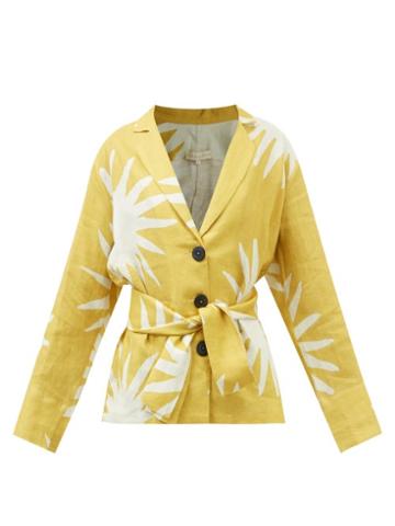 Cala De La Cruz - Belen Starburst-print Belted Linen Blouse - Womens - Yellow White