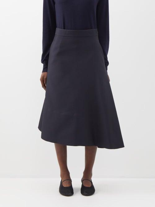 Jil Sander - Asymmetric Flared Gabardine Midi Skirt - Womens - Navy