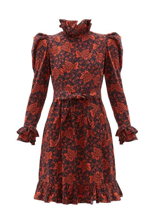 Matchesfashion.com Batsheva - Ruffled Grape And Floral Print Cotton Dress - Womens - Black Red