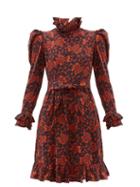 Matchesfashion.com Batsheva - Ruffled Grape And Floral Print Cotton Dress - Womens - Black Red