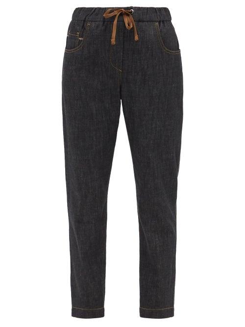 Brunello Cucinelli - Monili-trim Drawstring Tapered-leg Jeans - Womens - Black