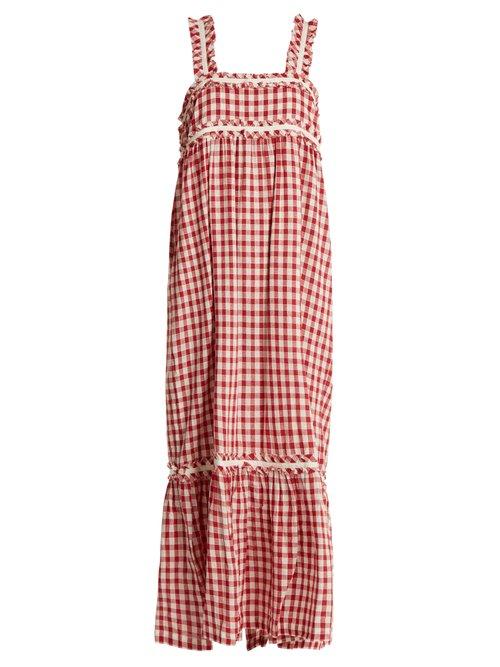 Matchesfashion.com Lee Mathews - Germaine Square Neck Cotton Gingham Dress - Womens - Burgundy White
