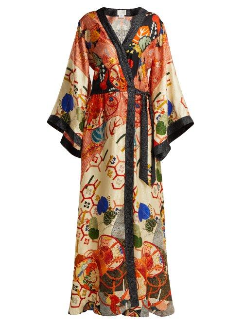 Matchesfashion.com Camilla - Floral Print Silk Satin Kimono Wrap Dress - Womens - Orange Multi