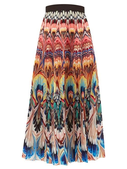 Matchesfashion.com Mary Katrantzou - Uni Marble Placed Pleated Crepe Midi Skirt - Womens - Blue Multi