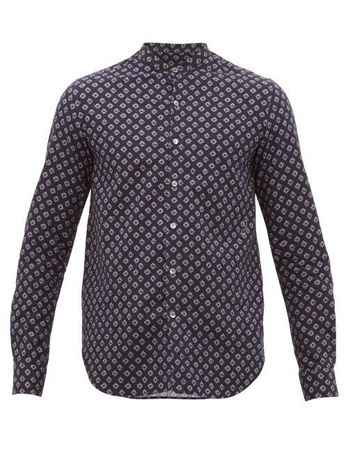 Matchesfashion.com Giorgio Armani - Geometric Print Cotton Herringbone Shirt - Mens - Navy White