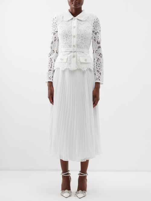Self-portrait - Lace-bodice Crepe Midi Dress - Womens - White