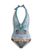 Matchesfashion.com Camilla - The King And I U Ring Halterneck Swimsuit - Womens - Blue Multi