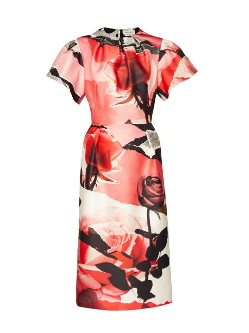 Matchesfashion.com Alexander Mcqueen - Rose Print Wool Blend Satin Dress - Womens - Pink Multi