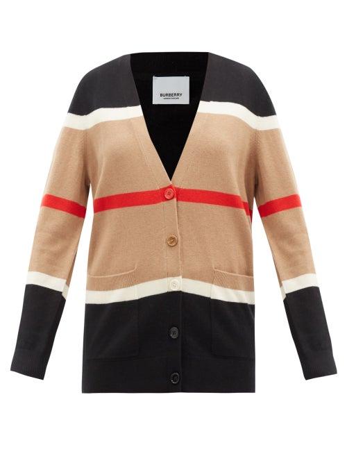 Burberry - Phillipa Striped Cashmere-blend Cardigan - Womens - Camel