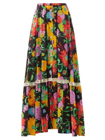 Matchesfashion.com Gucci - X Ken Scott Floral-print Crepe Maxi Skirt - Womens - Black Print