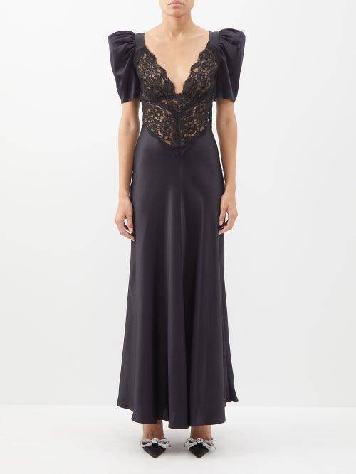 Rodarte - Puff-sleeve Lace-bodice Silk-satin Dress - Womens - Black