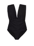 Matchesfashion.com Marysia - Monterey Plunge-neckline Ruched Swimsuit - Womens - Black