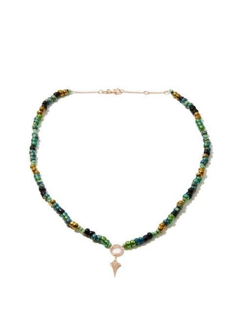 Matchesfashion.com Diane Kordas - Shield Diamond & 14kt Rose-gold Beaded Necklace - Womens - Green Multi
