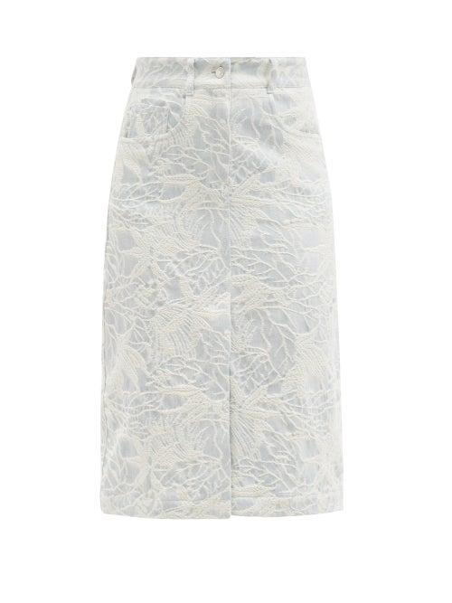 Matchesfashion.com Msgm - Leaf-jacquard Denim Skirt - Womens - Light Blue