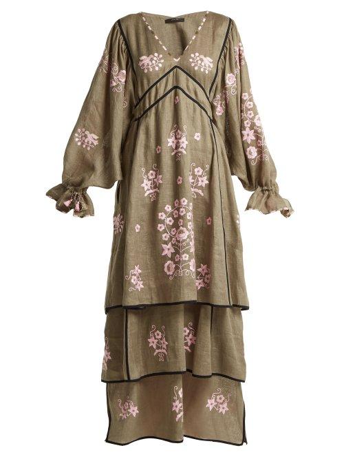 Matchesfashion.com Vita Kin - Spanish Pigeon Embroidered Linen Dress - Womens - Khaki Multi