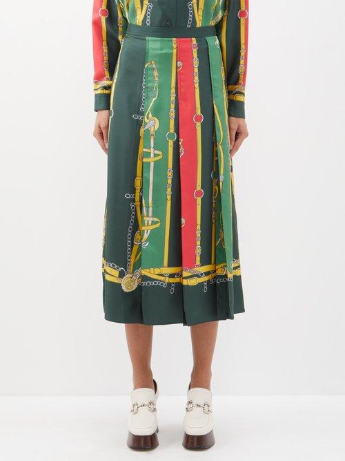 Gucci - Harness And Double G-print Silk Midi Skirt - Womens - Green Multi