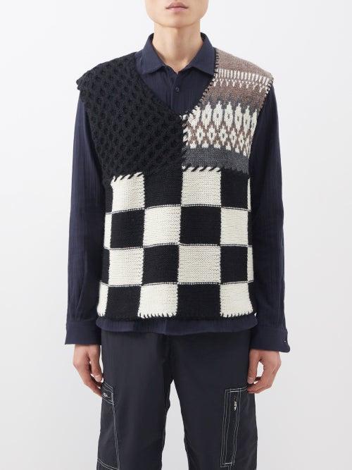 Noma T.d - Patchwork V-neck Wool Sweater Vest - Mens - Black Multi