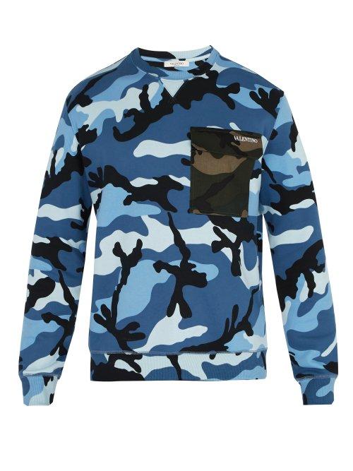 Matchesfashion.com Valentino - Camouflage Print Contrast Pocket Sweatshirt - Mens - Blue