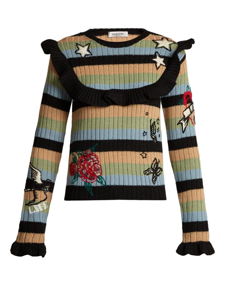 Valentino Embroidered Striped Ribbed-knit Wool Sweater