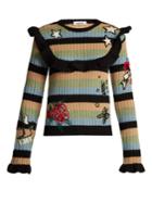 Valentino Embroidered Striped Ribbed-knit Wool Sweater