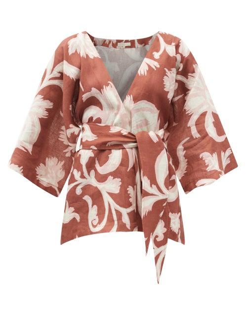Matchesfashion.com Cala De La Cruz - Carina Floral-print Linen Wrap Top - Womens - Brown Print