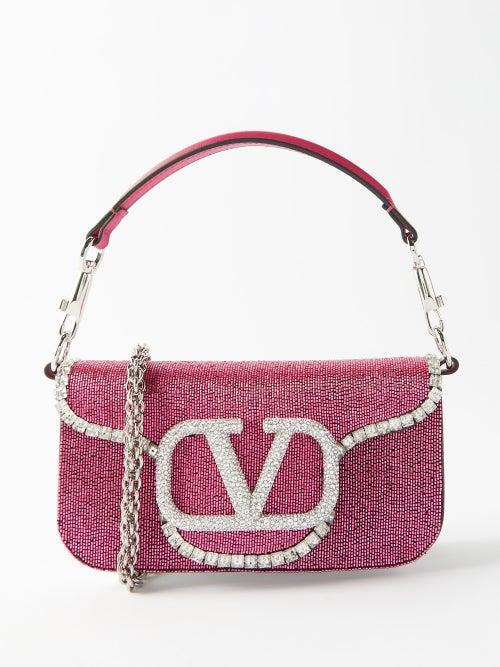 Valentino Garavani - Loco Crystal And Beaded Leather Shoulder Bag - Womens - Pink